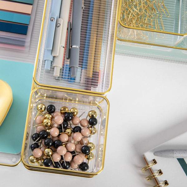 Set of 8 Plastic Stacking Office Desk Drawer Organizers with Gold Trim