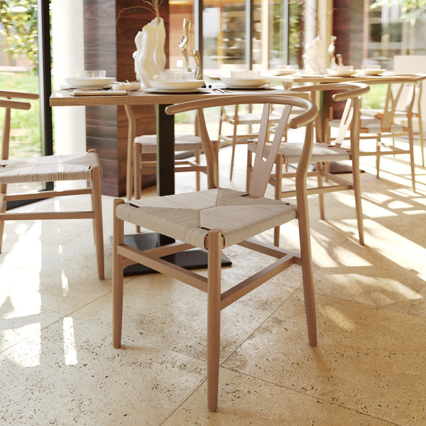 Oak Frame/Natural Seat |#| Commercial Wishbone Style Wood and Kraft Paper Stack Dining Chair in Oak/Natural