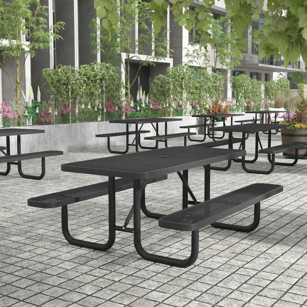 Black,6' |#| Commercial 6' Rectangular Expanded Mesh Metal Picnic Table with Anchors - Black