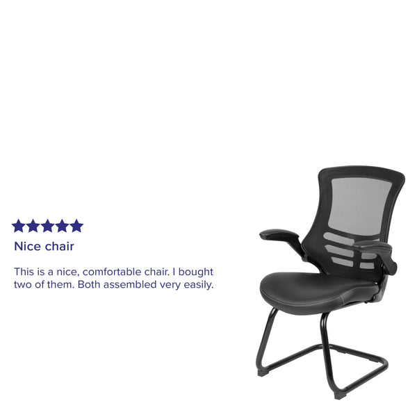 Black LeatherSoft/Mesh |#| Black Mesh Sled Base Side Reception Chair with LeatherSoft Seat and Flip-Up Arms