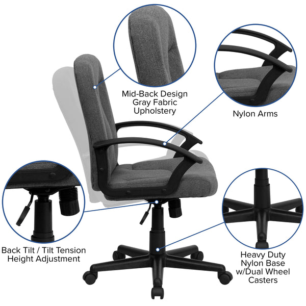 Gray |#| Mid-Back Gray Fabric Executive Swivel Office Chair with Nylon Arms