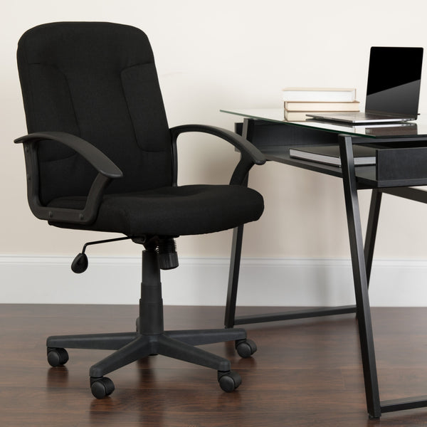 Black |#| Mid-Back Black Fabric Executive Swivel Office Chair with Nylon Arms