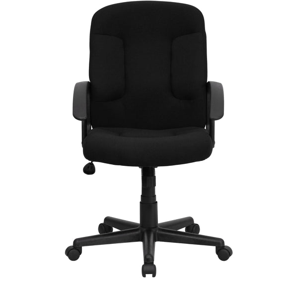 Black |#| Mid-Back Black Fabric Executive Swivel Office Chair with Nylon Arms