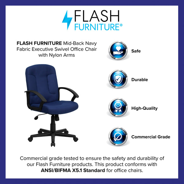 Navy |#| Mid-Back Navy Fabric Executive Swivel Office Chair with Nylon Arms