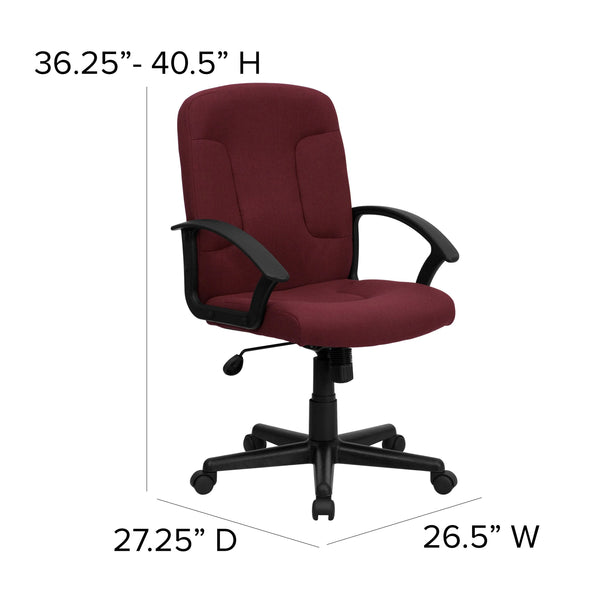 Burgundy |#| Mid-Back Burgundy Fabric Executive Swivel Office Chair with Nylon Arms