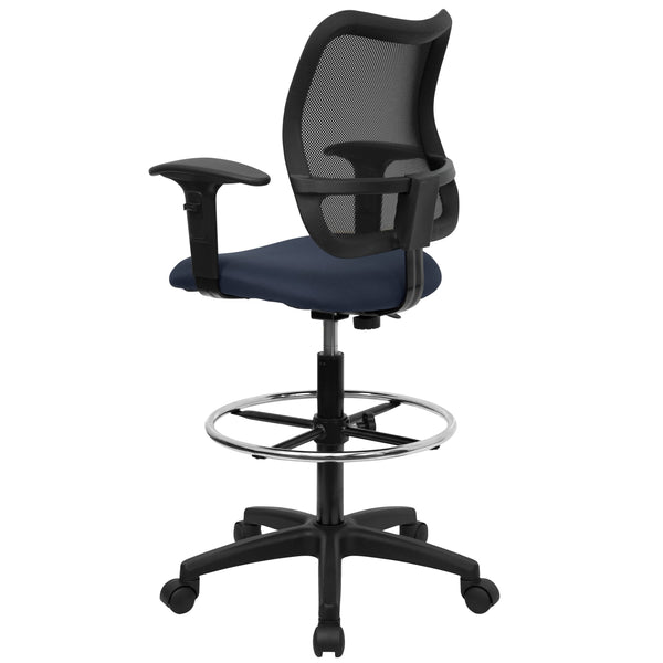 Navy Blue |#| Mid-Back Navy Blue Mesh Drafting Chair with Adjustable Arms