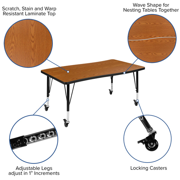 Oak |#| Mobile 76inch Oval Wave Activity Table Set-12inch Student Stack Chairs, Oak/Black