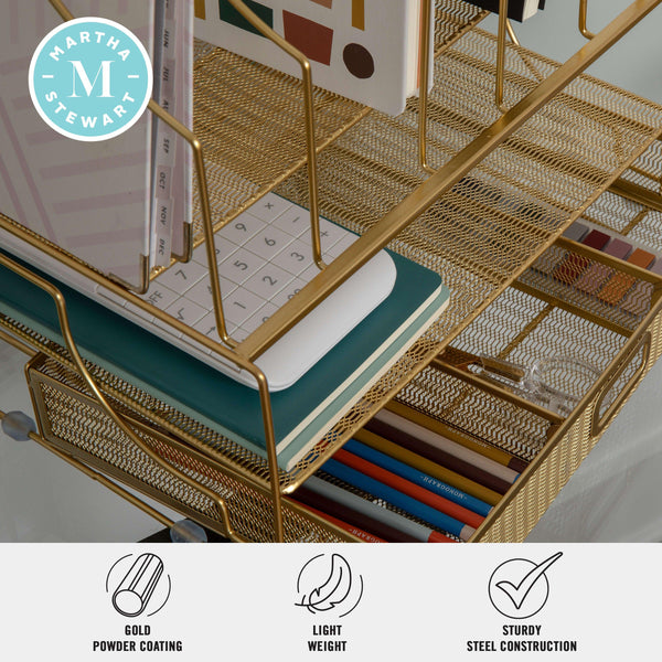 Premium Large Mesh Metal Desktop Storage Organizer With Drawer in Gold