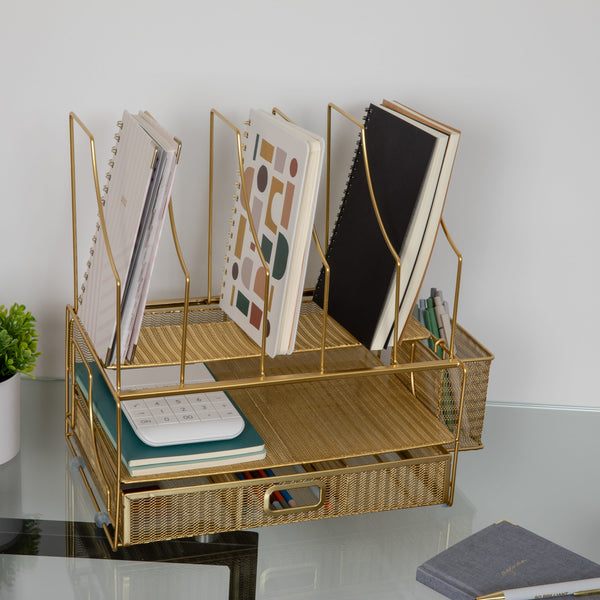 Premium Large Mesh Metal Desktop Storage Organizer With Drawer in Gold
