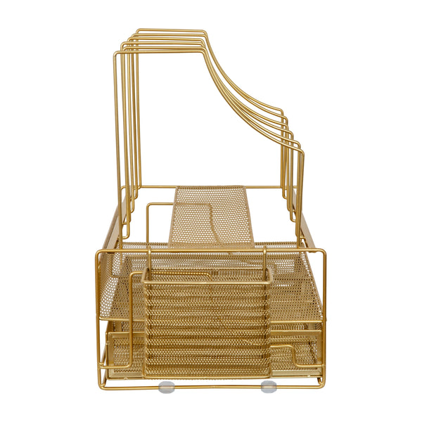 Premium Large Mesh Metal Desktop Storage Organizer With Drawer in Gold