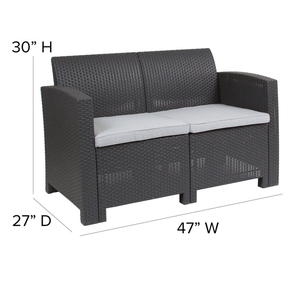 Dark Gray |#| Dk Gray Faux Rattan Loveseat with All-Weather Light Gray Cushions - Patio Chair