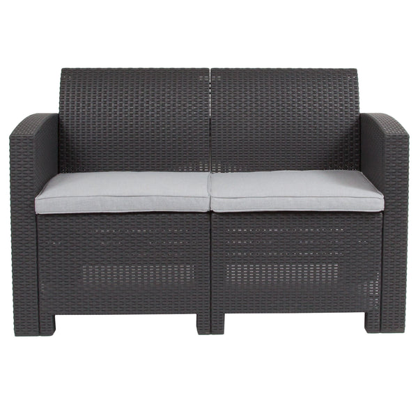 Dark Gray |#| Dk Gray Faux Rattan Loveseat with All-Weather Light Gray Cushions - Patio Chair