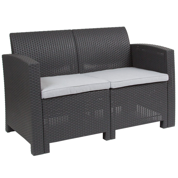 Dark Gray |#| Dk Gray Faux Rattan Loveseat with All-Weather Light Gray Cushions - Patio Chair