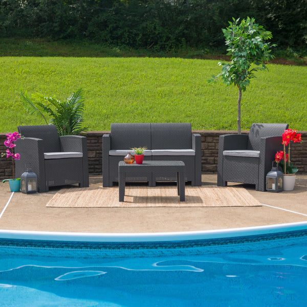 Dark Gray |#| Dk Gray Faux Rattan Loveseat with All-Weather Light Gray Cushions - Patio Chair