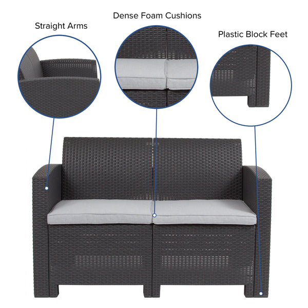 Dark Gray |#| Dk Gray Faux Rattan Loveseat with All-Weather Light Gray Cushions - Patio Chair