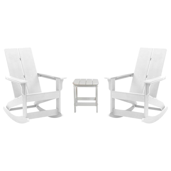 White |#| 2 White Modern Dual Slat Poly Resin Adirondack Rocking Chairs with 1 Side Table