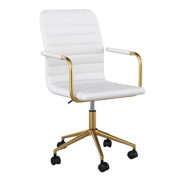 White Faux Leather/Polished Brass |#| Faux Leather Swivel Home Office Chair with Integrated Armrests-White/Brass