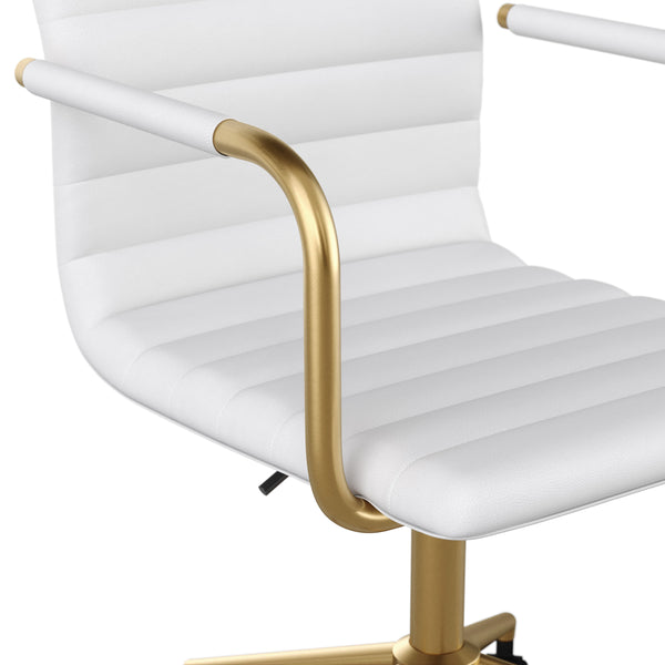 White Faux Leather/Polished Brass |#| Faux Leather Swivel Home Office Chair with Integrated Armrests-White/Brass
