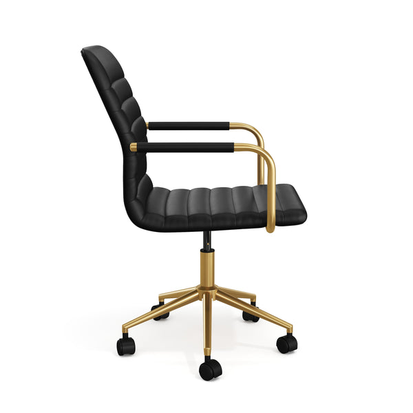 Black Faux Leather/Polished Brass Frame |#| Faux Leather Swivel Home Office Chair with Integrated Armrests-Bk/Polished Brass