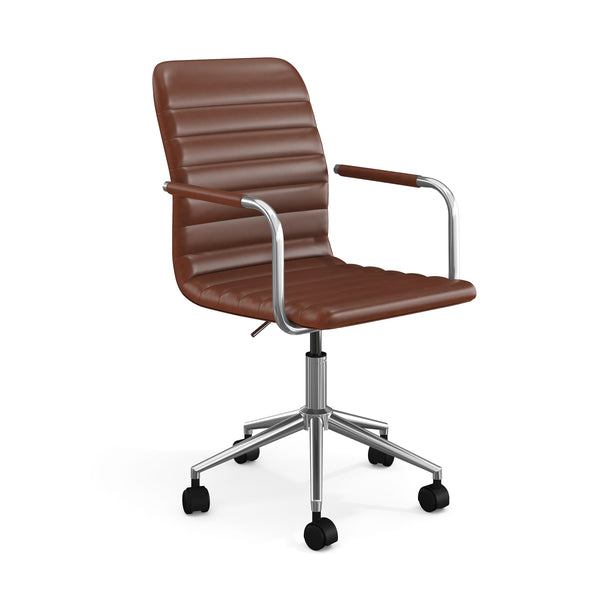 Saddle Brown Faux Leather/Polished Nickel Frame |#| Faux Leather Swivel Home Office Chair with Integrated Armrests-SdlBrn/PolshdNckl