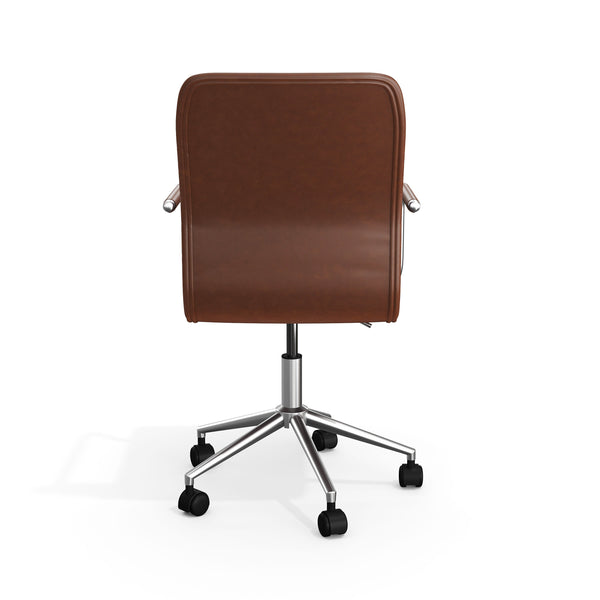 Saddle Brown Faux Leather/Polished Nickel Frame |#| Faux Leather Swivel Home Office Chair with Integrated Armrests-SdlBrn/PolshdNckl