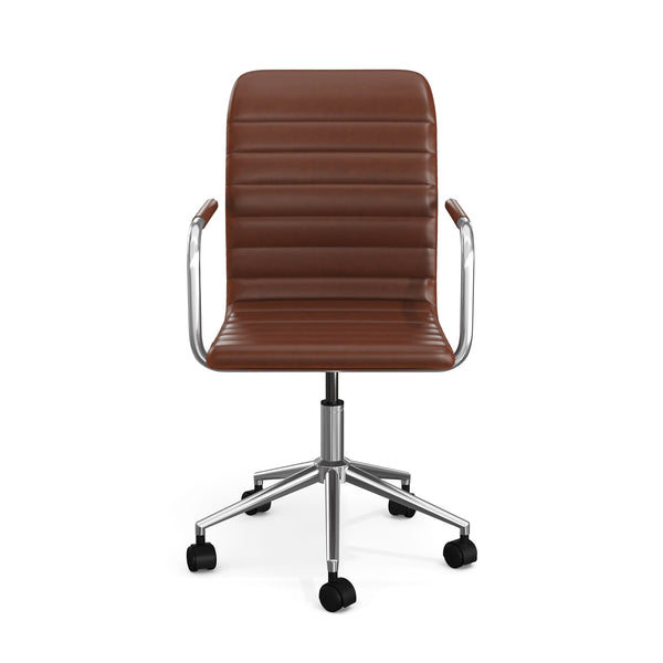 Saddle Brown Faux Leather/Oil Rubbed Bronze |#| Faux Leather Swivel Home Office Chair with Integrated Armrests-Brown/Oil Bronze