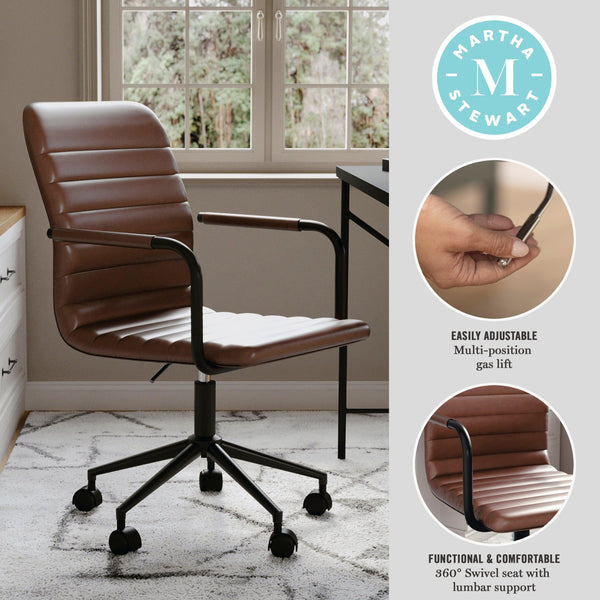 Saddle Brown Faux Leather/Oil Rubbed Bronze |#| Faux Leather Swivel Home Office Chair with Integrated Armrests-Brown/Oil Bronze