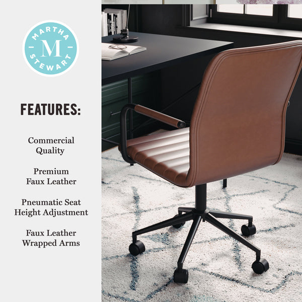 Saddle Brown Faux Leather/Oil Rubbed Bronze |#| Faux Leather Swivel Home Office Chair with Integrated Armrests-Brown/Oil Bronze