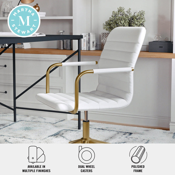 White Faux Leather/Polished Brass |#| Faux Leather Swivel Home Office Chair with Integrated Armrests-White/Brass