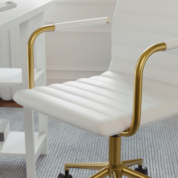 White Faux Leather/Polished Brass |#| Faux Leather Swivel Home Office Chair with Integrated Armrests-White/Brass