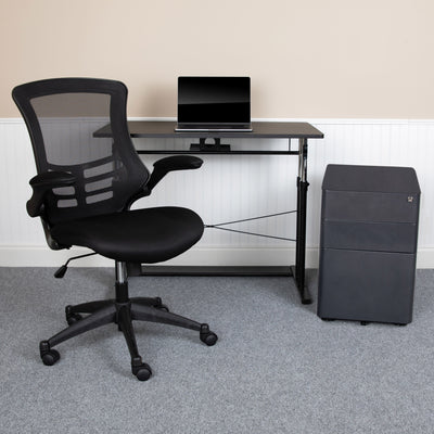 Work From Home Kit - Adjustable Computer Desk, Ergonomic Mesh Office Chair and Locking Mobile Filing Cabinet with Side Handles