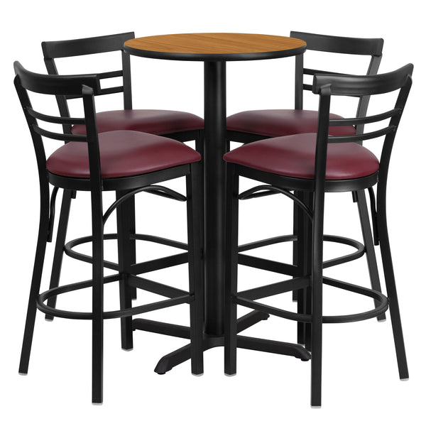Natural Top/Burgundy Vinyl Seat |#| 24inch Round Natural Laminate Table Set with X-Base & 4 Metal Vinyl Seat Barstools