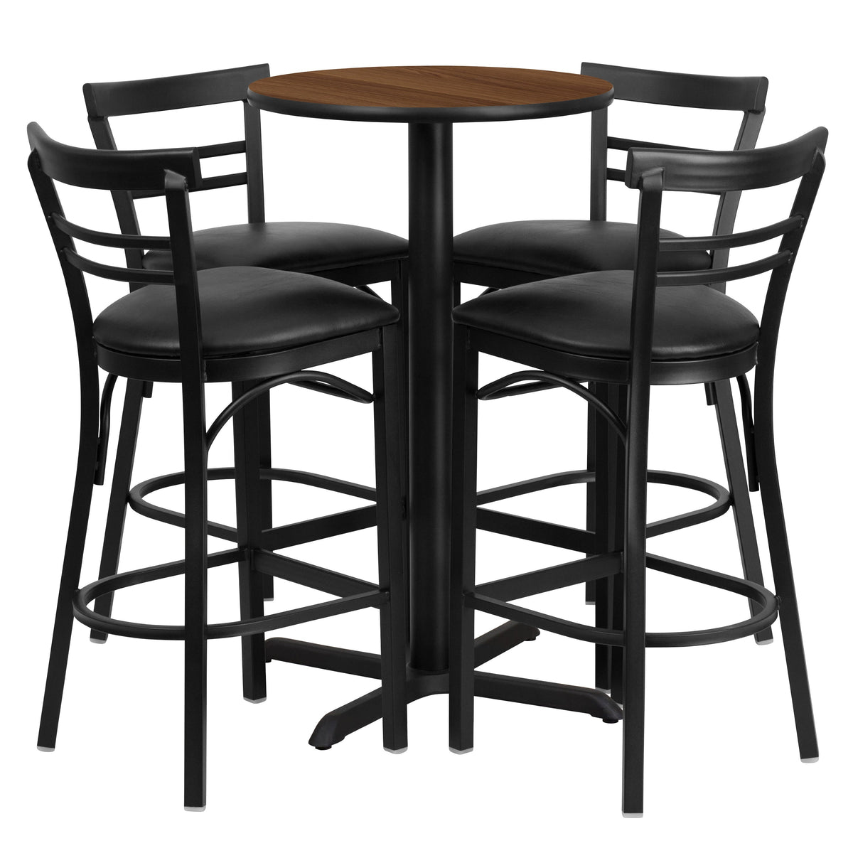 Walnut Top/Black Vinyl Seat |#| 24inch Round Walnut Laminate Table with X-Base & 4 Metal Vinyl Seat Barstools
