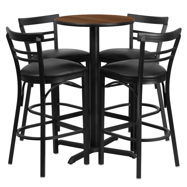 Walnut Top/Black Vinyl Seat |#| 24inch Round Walnut Laminate Table with X-Base & 4 Metal Vinyl Seat Barstools