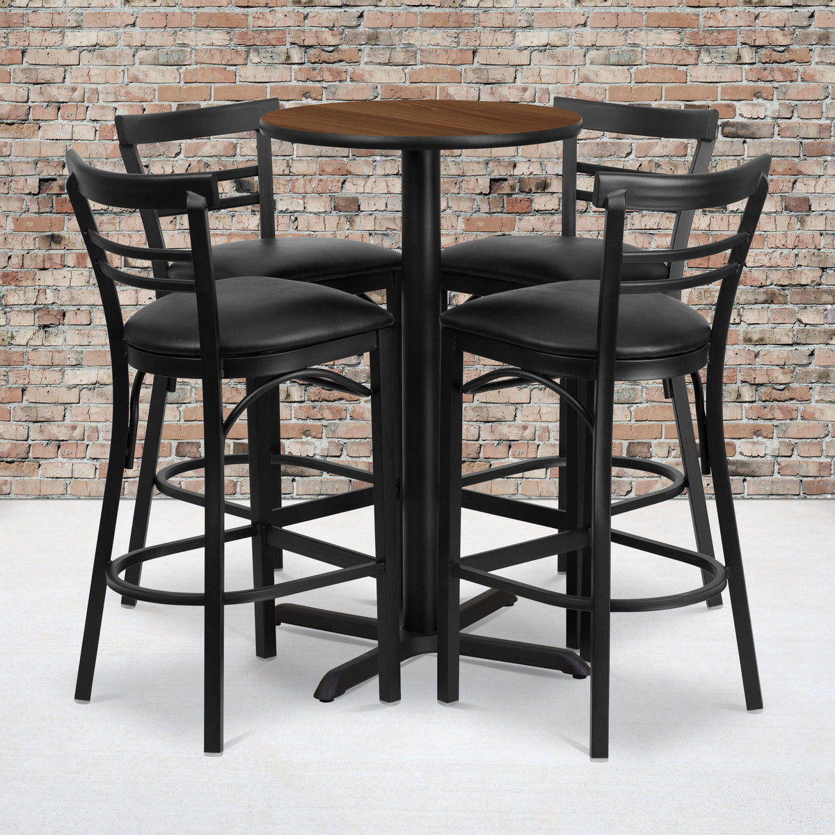 Walnut Top/Black Vinyl Seat |#| 24inch Round Walnut Laminate Table with X-Base & 4 Metal Vinyl Seat Barstools