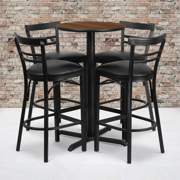 Walnut Top/Black Vinyl Seat |#| 24inch Round Walnut Laminate Table with X-Base & 4 Metal Vinyl Seat Barstools