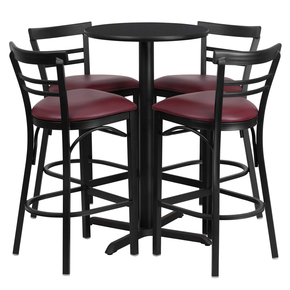 Black Top/Burgundy Vinyl Seat |#| 24inch Round Black Laminate Table with X-Base & 4 Metal Vinyl Seat Barstools