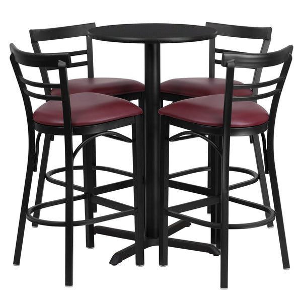Black Top/Burgundy Vinyl Seat |#| 24inch Round Black Laminate Table with X-Base & 4 Metal Vinyl Seat Barstools