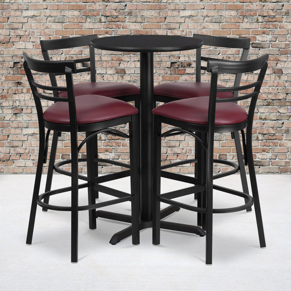 Black Top/Burgundy Vinyl Seat |#| 24inch Round Black Laminate Table with X-Base & 4 Metal Vinyl Seat Barstools