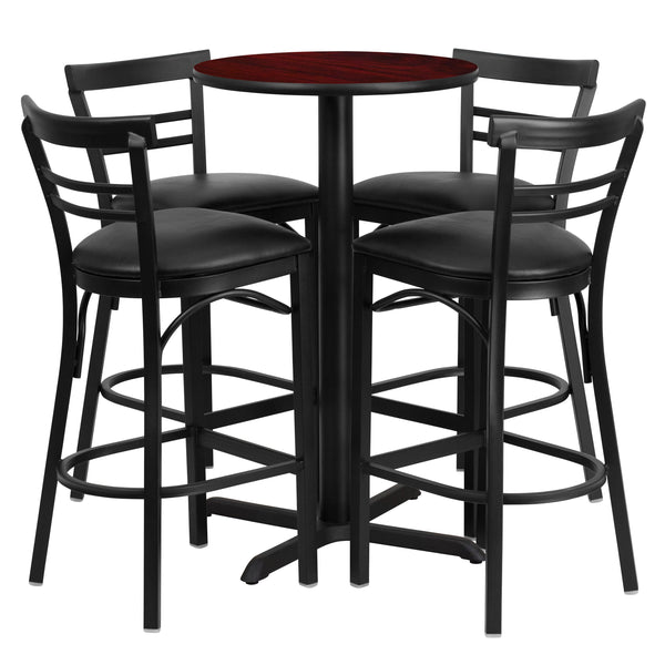 Mahogany Top/Black Vinyl Seat |#| 24inch Round Mahogany Laminate Table with X-Base & 4 Metal Vinyl Seat Barstools