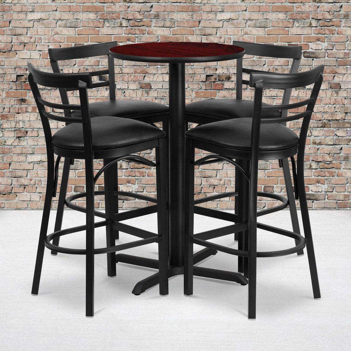 Mahogany Top/Black Vinyl Seat |#| 24inch Round Mahogany Laminate Table with X-Base & 4 Metal Vinyl Seat Barstools