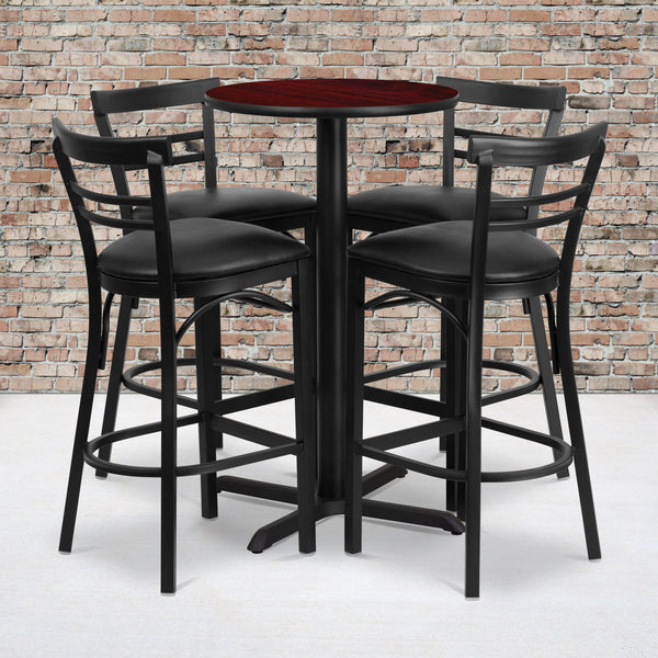 Mahogany Top/Black Vinyl Seat |#| 24inch Round Mahogany Laminate Table with X-Base & 4 Metal Vinyl Seat Barstools