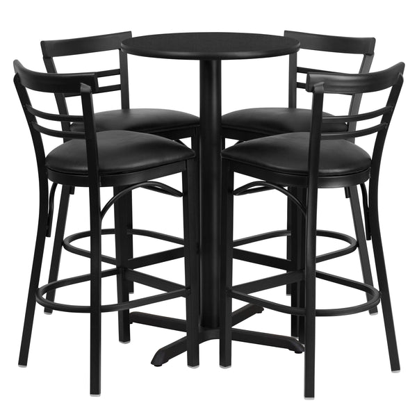 Black Top/Black Vinyl Seat |#| 24inch Round Black Laminate Table with X-Base & 4 Metal Vinyl Seat Barstools