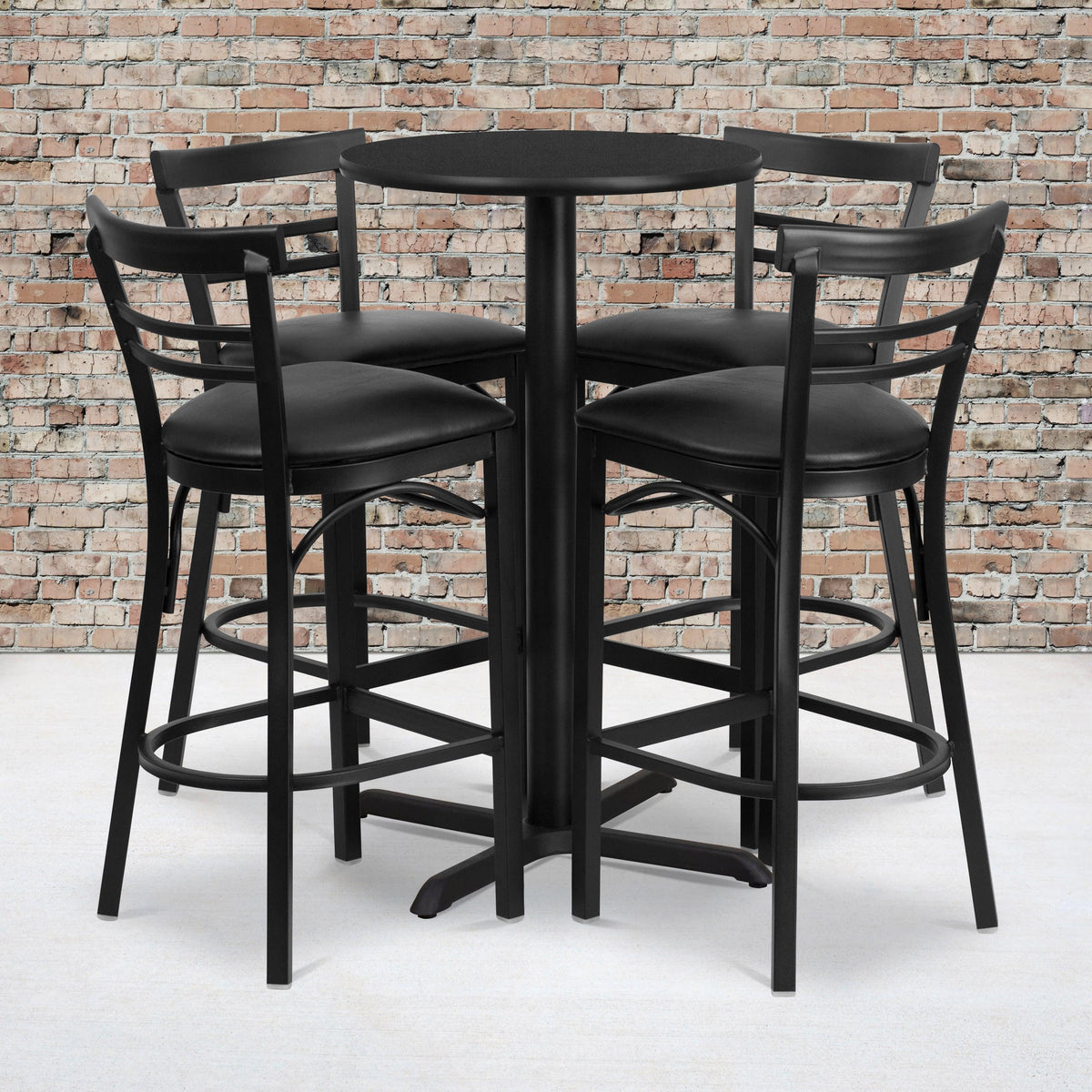 Black Top/Black Vinyl Seat |#| 24inch Round Black Laminate Table with X-Base & 4 Metal Vinyl Seat Barstools