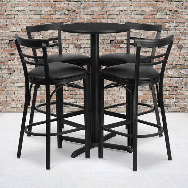 Black Top/Black Vinyl Seat |#| 24inch Round Black Laminate Table with X-Base & 4 Metal Vinyl Seat Barstools
