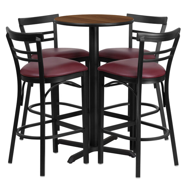 Walnut Top/Burgundy Vinyl Seat |#| 24inch Round Walnut Laminate Table with X-Base & 4 Metal Vinyl Seat Barstools
