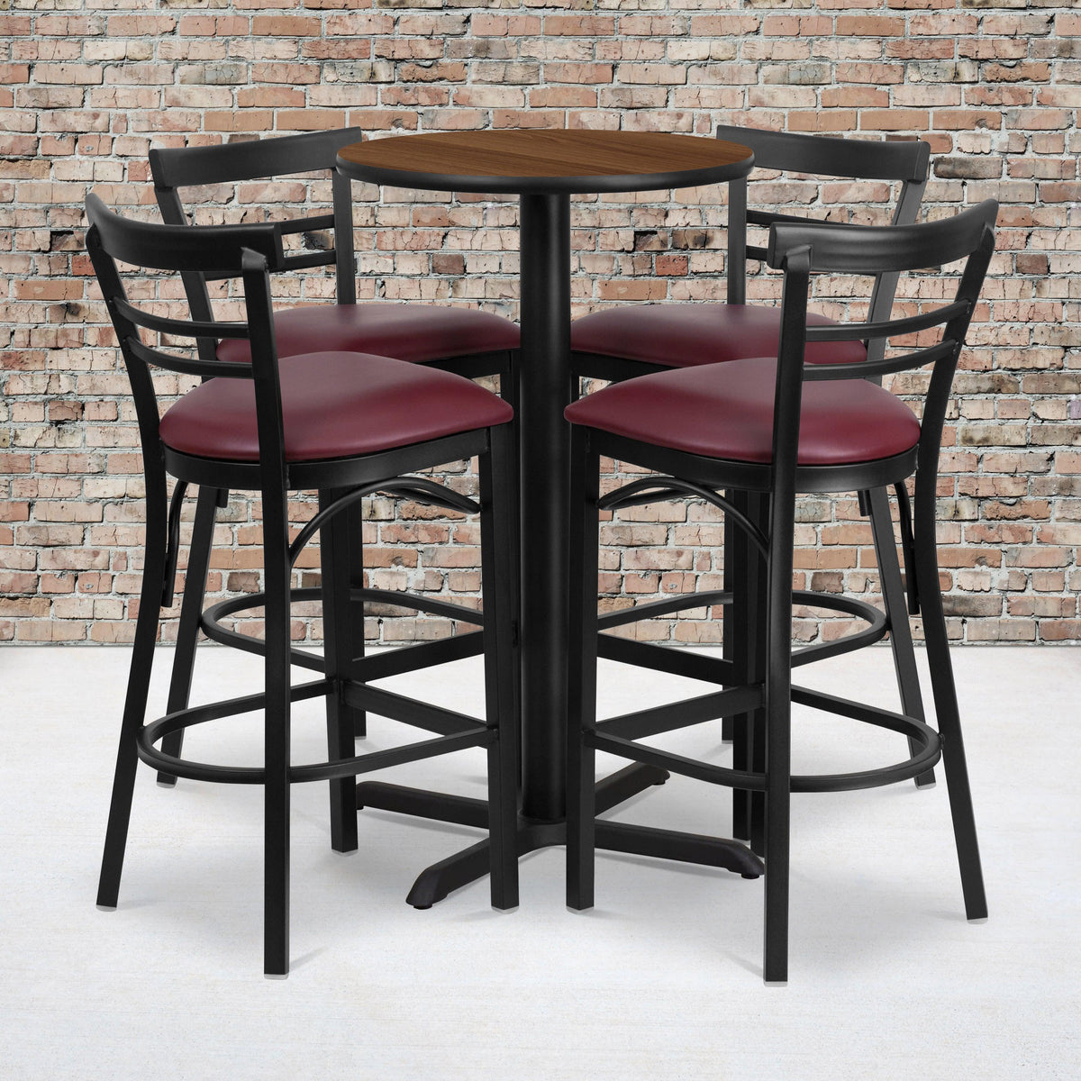 Walnut Top/Burgundy Vinyl Seat |#| 24inch Round Walnut Laminate Table with X-Base & 4 Metal Vinyl Seat Barstools