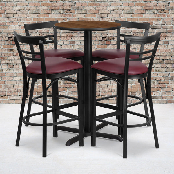 Walnut Top/Burgundy Vinyl Seat |#| 24inch Round Walnut Laminate Table with X-Base & 4 Metal Vinyl Seat Barstools