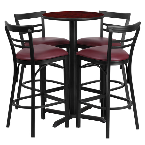 Mahogany Top/Burgundy Vinyl Seat |#| 24inch Round Mahogany Laminate Table with X-Base & 4 Metal Vinyl Seat Barstools