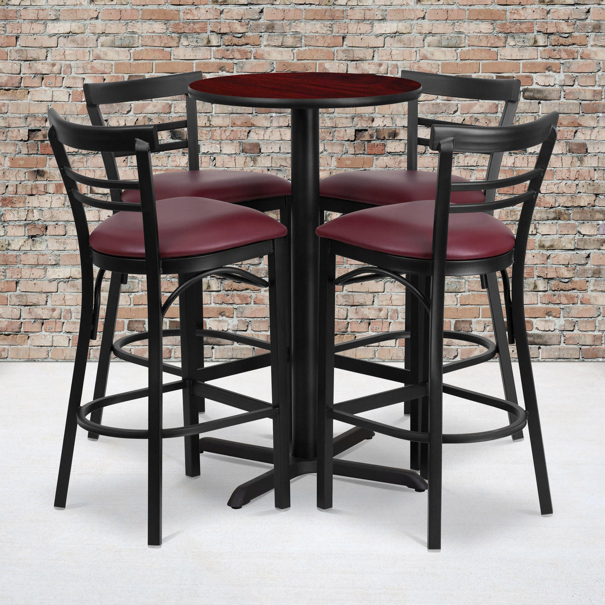 Mahogany Top/Burgundy Vinyl Seat |#| 24inch Round Mahogany Laminate Table with X-Base & 4 Metal Vinyl Seat Barstools